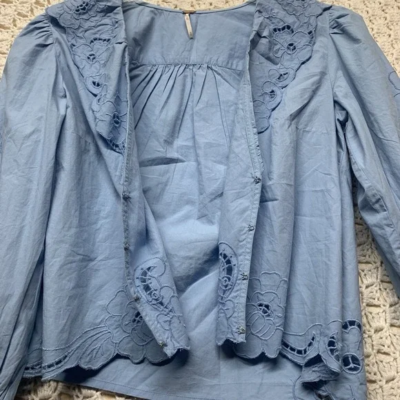 Free People Maisie Eyelet Blouson Top Women Sz M Blue Sleeve 100%Cotton - Picture 12 of 14